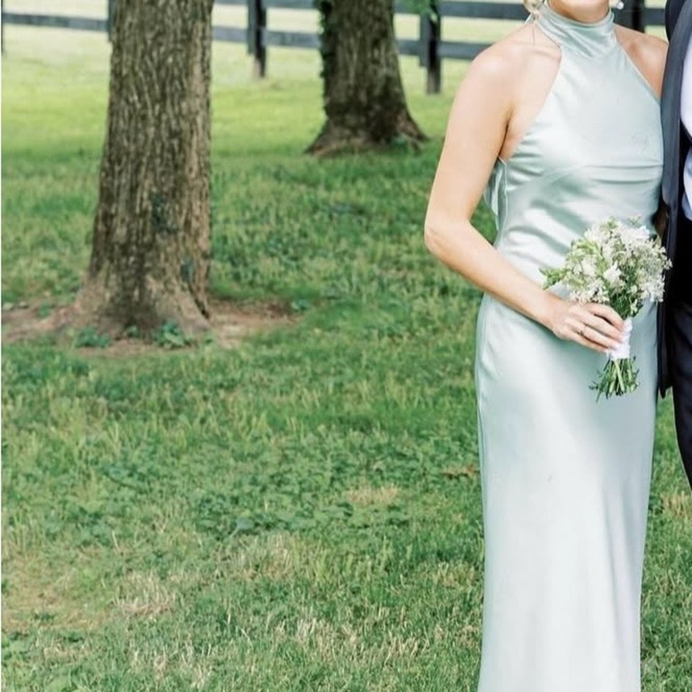 Azazie Bridesmaid Floor Length Mint Backless Halter Dress